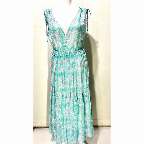 Oliphant maxi dress fairy core broomstick peasant turquoise green flare women M